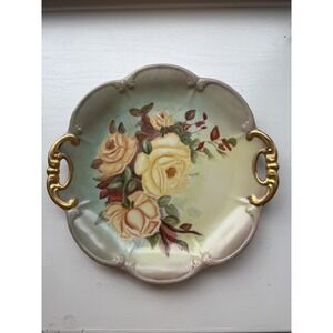 Vintage Bavaria  Tirschenreuth Germany Hand Painted Floral Cake Plate Gold Trim